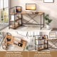 Reversible L-shaped computer workstation in walnut with spacious desktop and 3-tier open shelf for home office use.